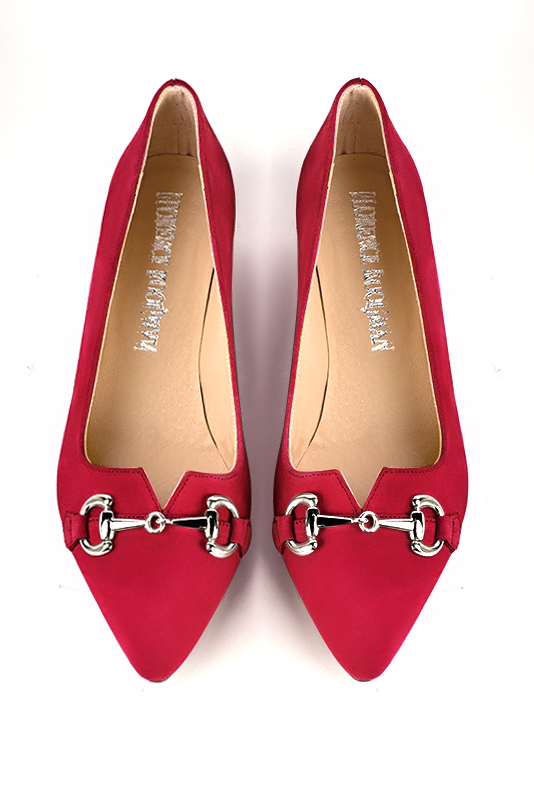 Cardinal red women's dress pumps,with a square neckline. Tapered toe. Low flare heels. Top view - Florence KOOIJMAN